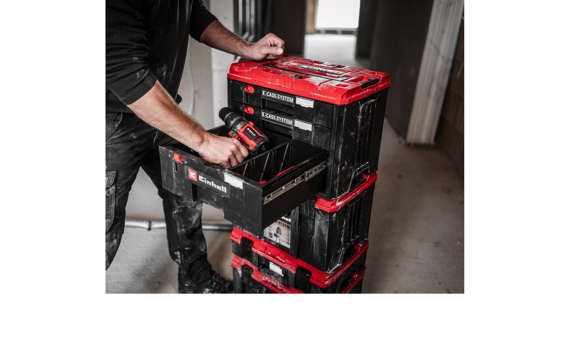 Einhell E-Case Systemkoffer – mit Tragegriff, Sichtfenster, 3 Schubladen, abschliessbar, für Einhell E-Case