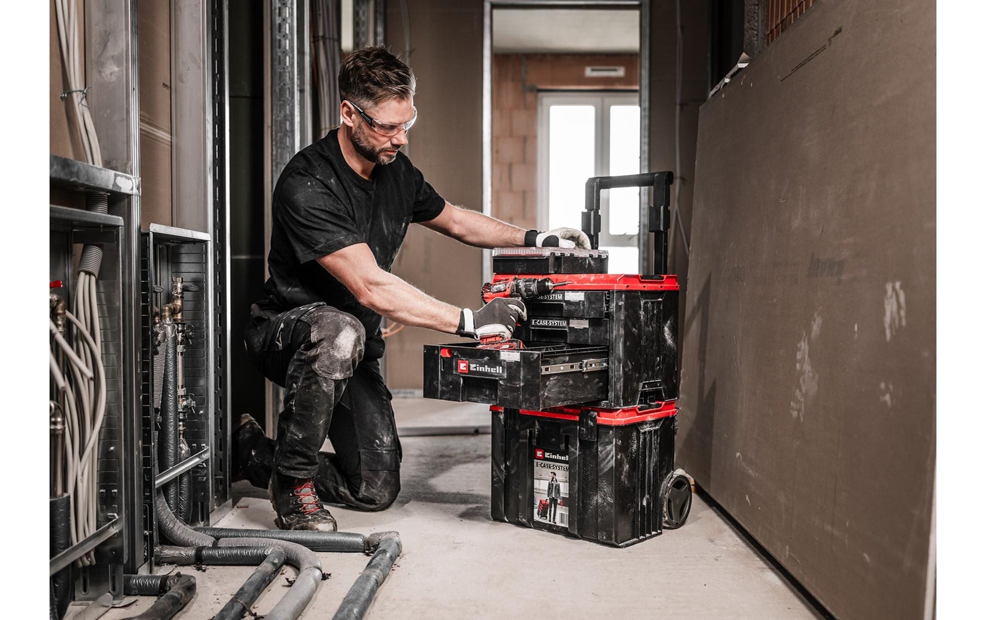 Einhell E-Case Systemkoffer – mit Tragegriff, Sichtfenster, 3 Schubladen, abschliessbar, für Einhell E-Case