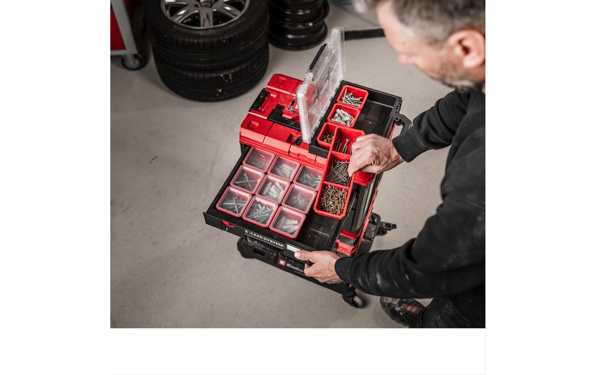 Einhell E-Case Systemkoffer – mit Tragegriff, Sichtfenster, 3 Schubladen, abschliessbar, für Einhell E-Case