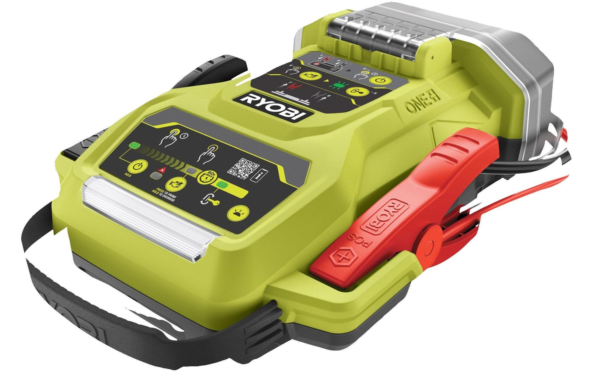 Ryobi Booster – 18 V, 1800 A Startstrom, Li-Ion, 1,9 kg, LED-Taschenlampe, Verpolungsschutz, Grün