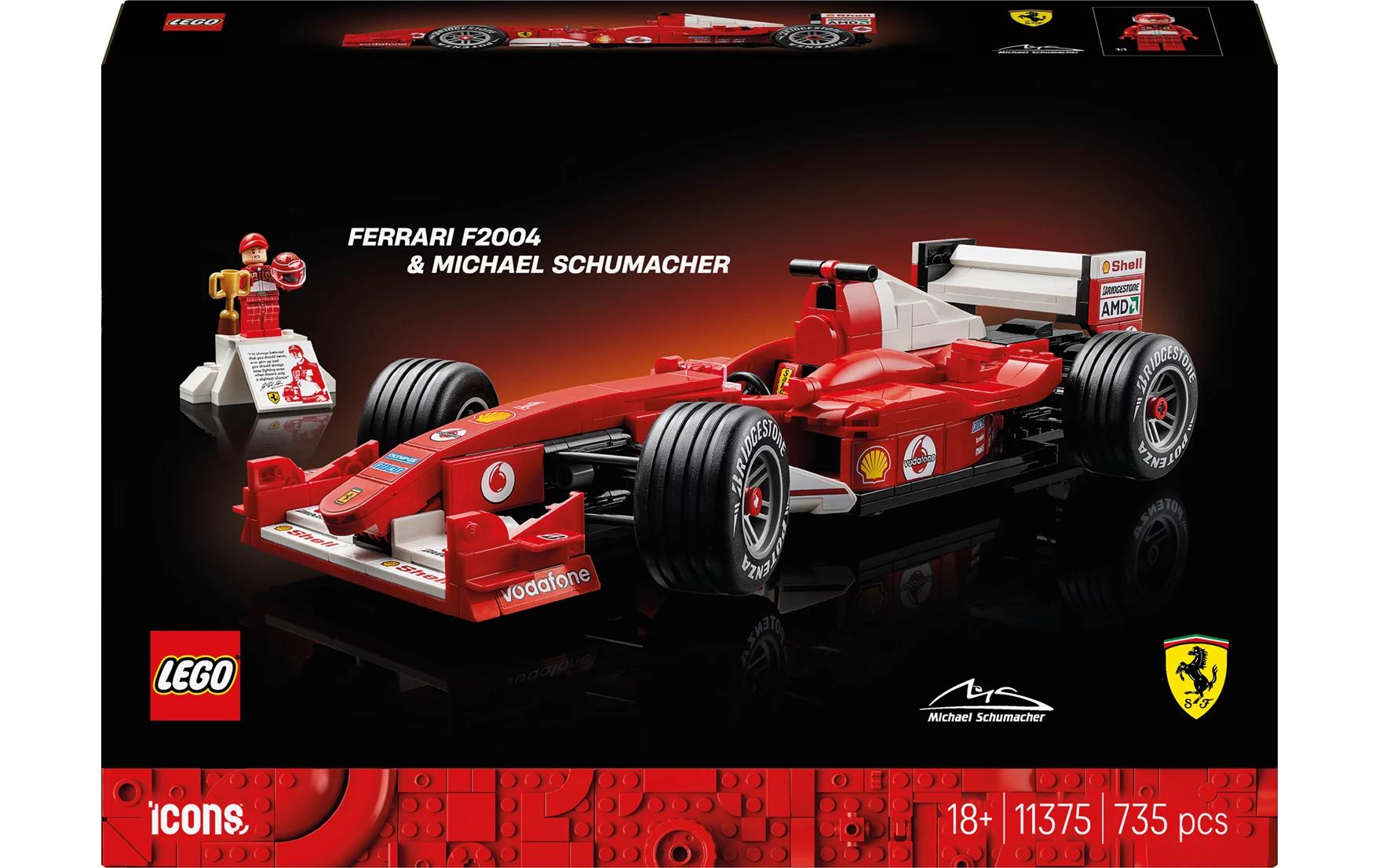 LEGO Icons 3D-Puzzle Ferrari F2004 und Michael Schumacher – 735 Teile – 26,2×7,1×38,2 cm – ab 18 J.
