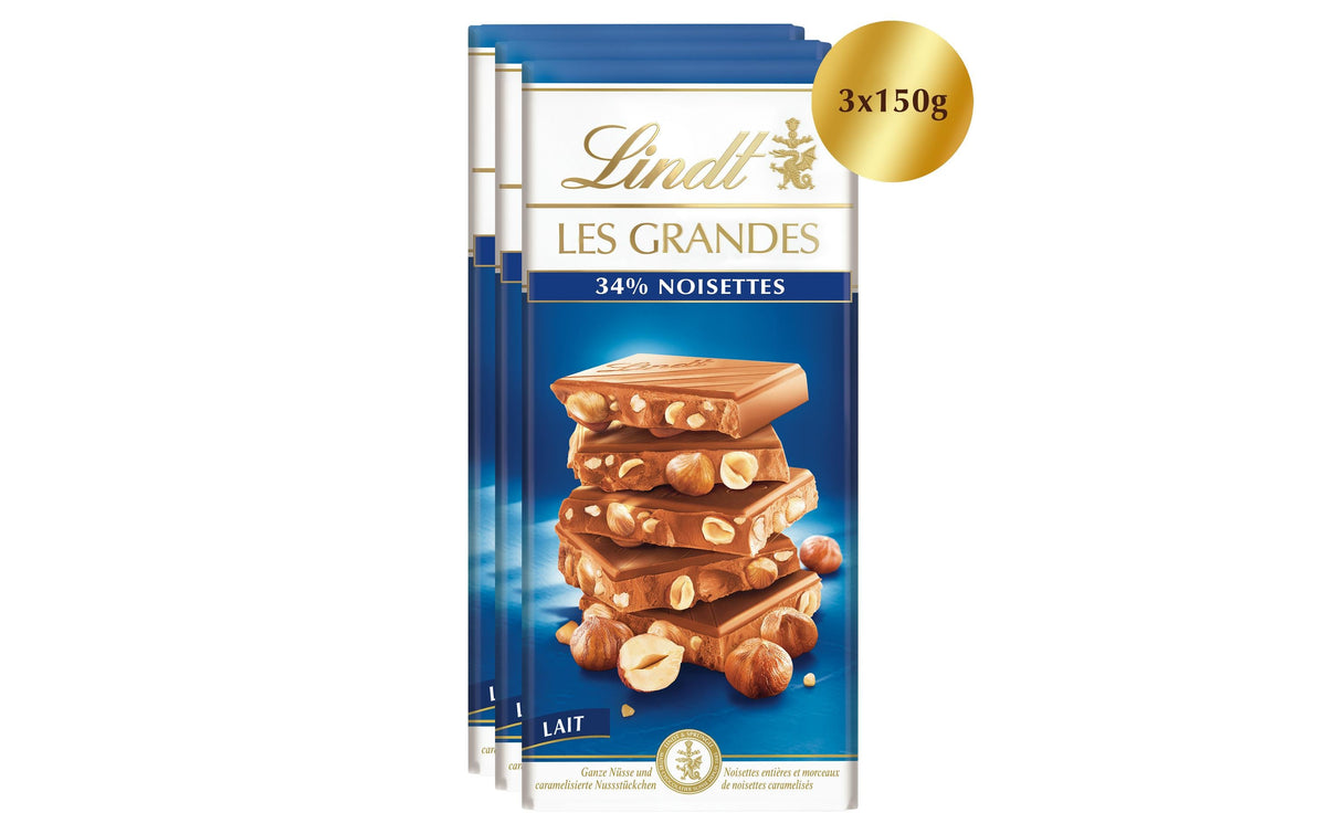 Lindt LES GRANDES Schokolade – Milch, Haselnuss – 3 × 150 g