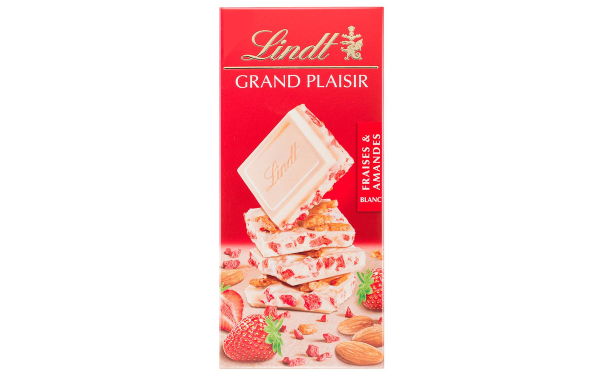 Lindt GRAND PLAISIR Schokolade – weiss, Erdbeere & Mandel – 150 g