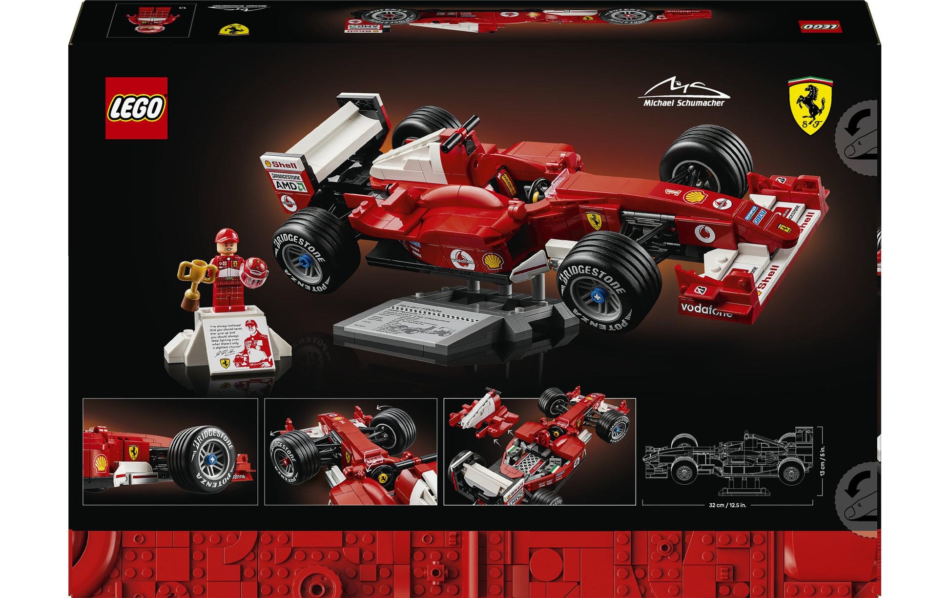 LEGO Icons 3D-Puzzle Ferrari F2004 und Michael Schumacher – 735 Teile – 26,2×7,1×38,2 cm – ab 18 J.