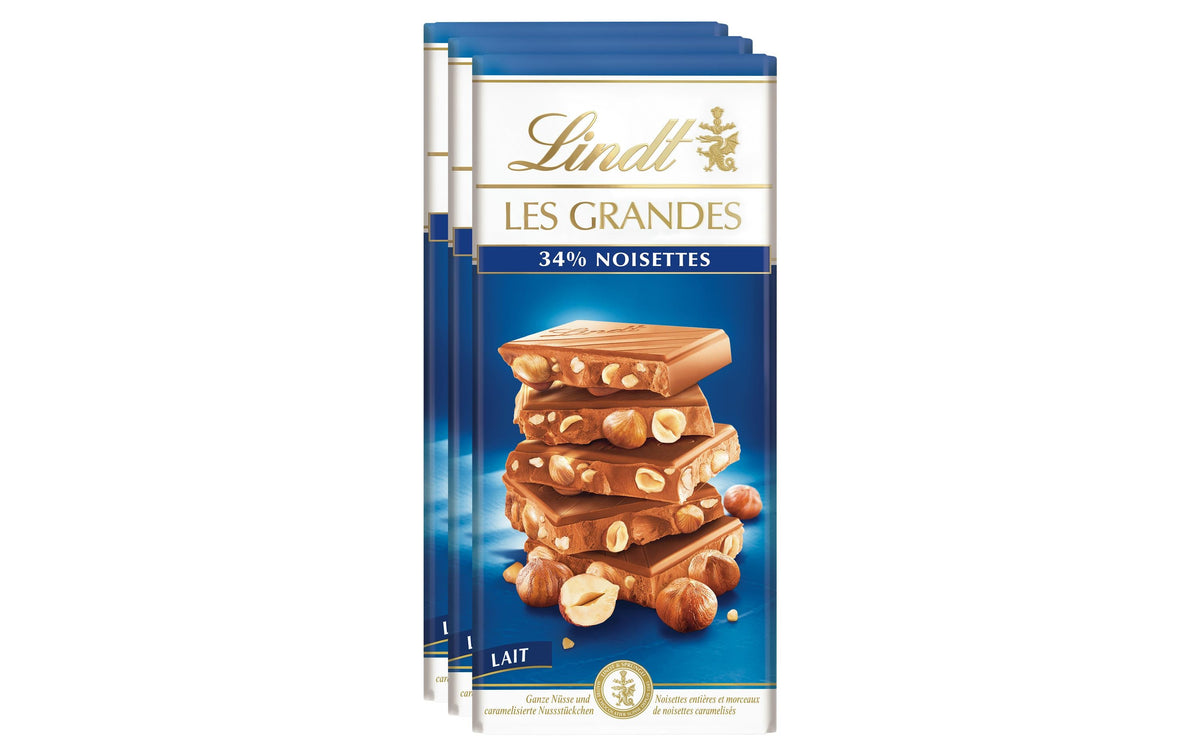 Lindt LES GRANDES Schokolade – Milch, Haselnuss – 3 × 150 g