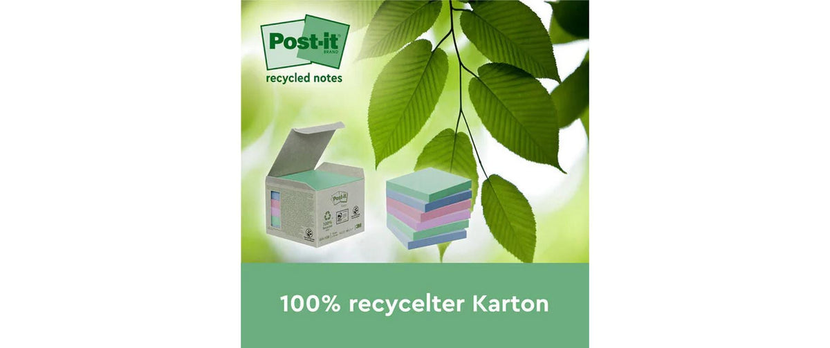 3M Post-it Haftnotizen – 76 × 76 mm – sortiert, 100 Blatt/Block, 2er-Pack, 100% Recycling