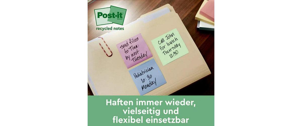 3M Post-it Haftnotizen – 76 × 76 mm – sortiert, 100 Blatt/Block, 2er-Pack, 100% Recycling