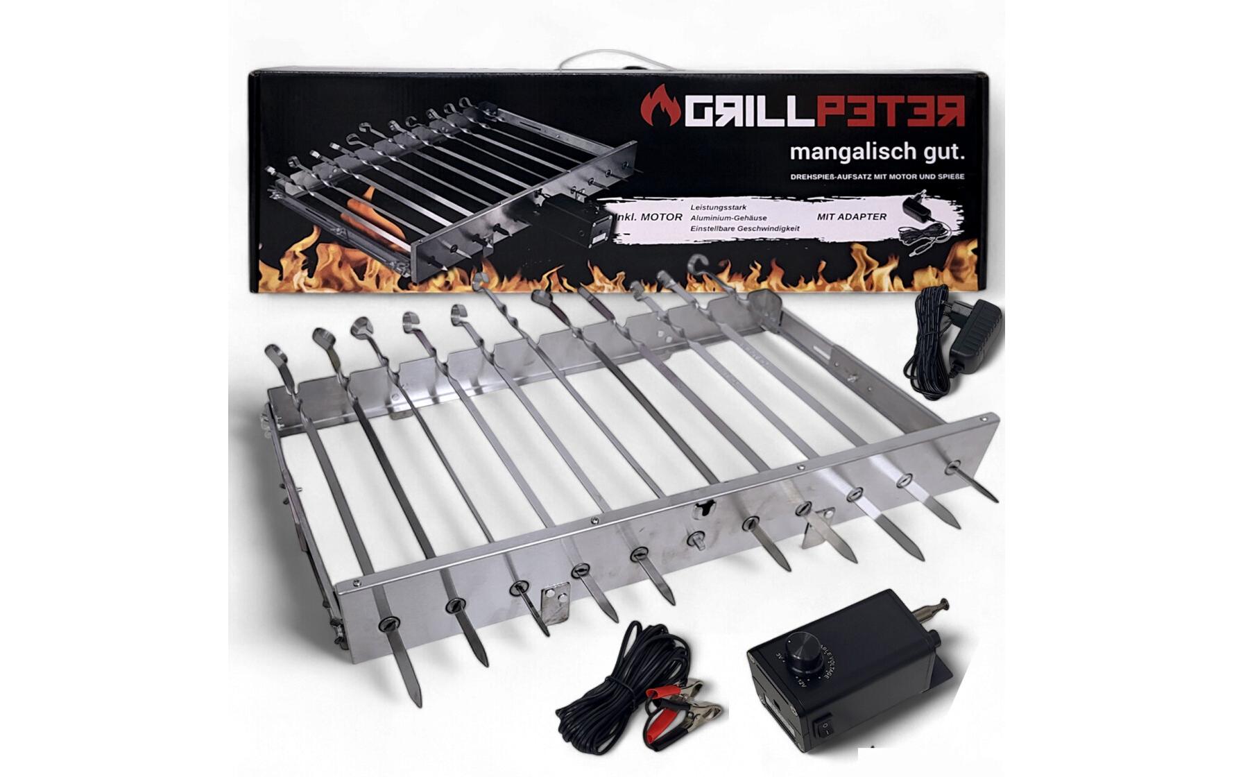 Grillpeter Drehspiessaufsatz 62 cm, Edelstahl, 230 V, Holzkohle, für 11 Spiesse