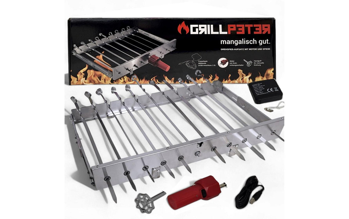 Grillpeter Schaschlik-Spiessdreher, 62 cm, Edelstahl, USB 5 V, für 11 Spiesse