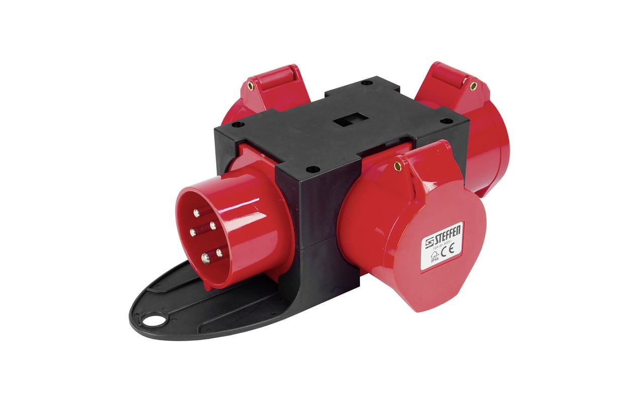 Steffen Adapterkabel, 1×CEE 16-5 → 3×CEE 16-5, 5-polig, Kupplung, 16 A 415 V – Rot/Schwarz