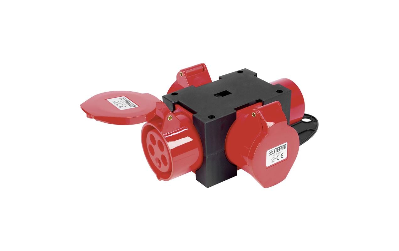 Steffen Adapterkabel, 1×CEE 16-5 → 3×CEE 16-5, 5-polig, Kupplung, 16 A 415 V – Rot/Schwarz