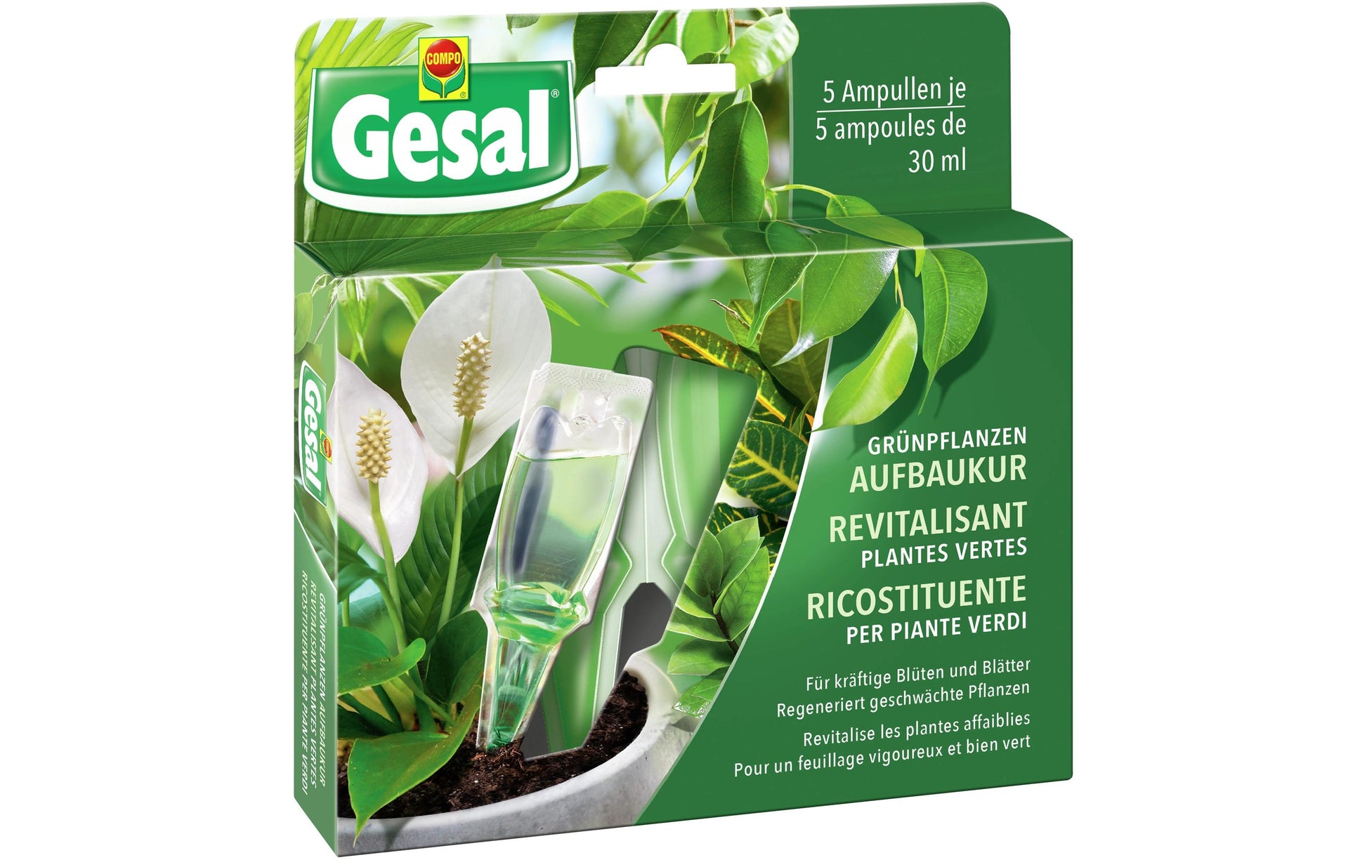 Gesal Spezialdünger Flüssig, Aufbaukur, anwendungsfertig, mit Farbstoff – für Grünpflanzen – 5 × 30 ml