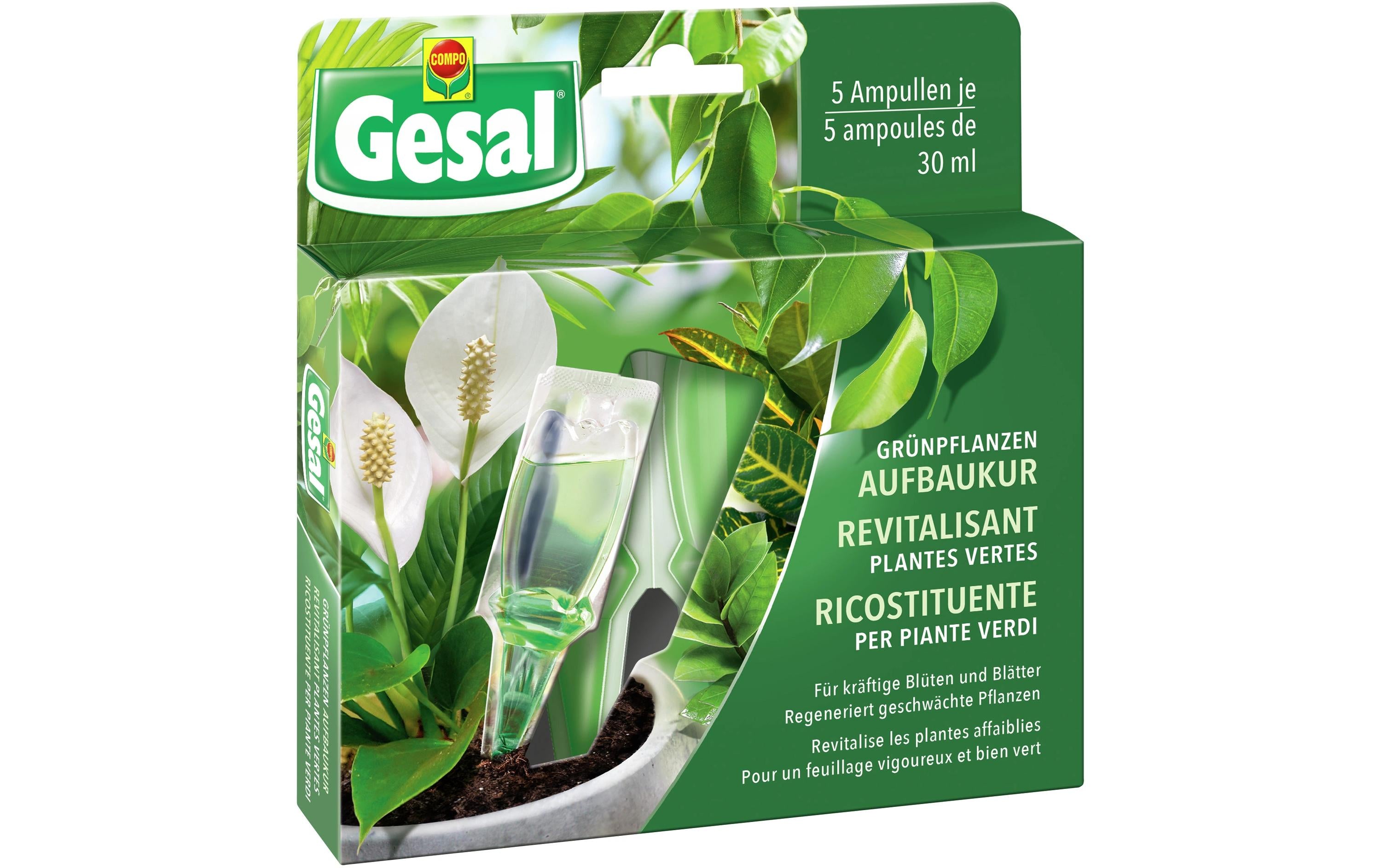Gesal Spezialdünger Flüssig, Aufbaukur, anwendungsfertig, mit Farbstoff – für Grünpflanzen – 5 × 30 ml