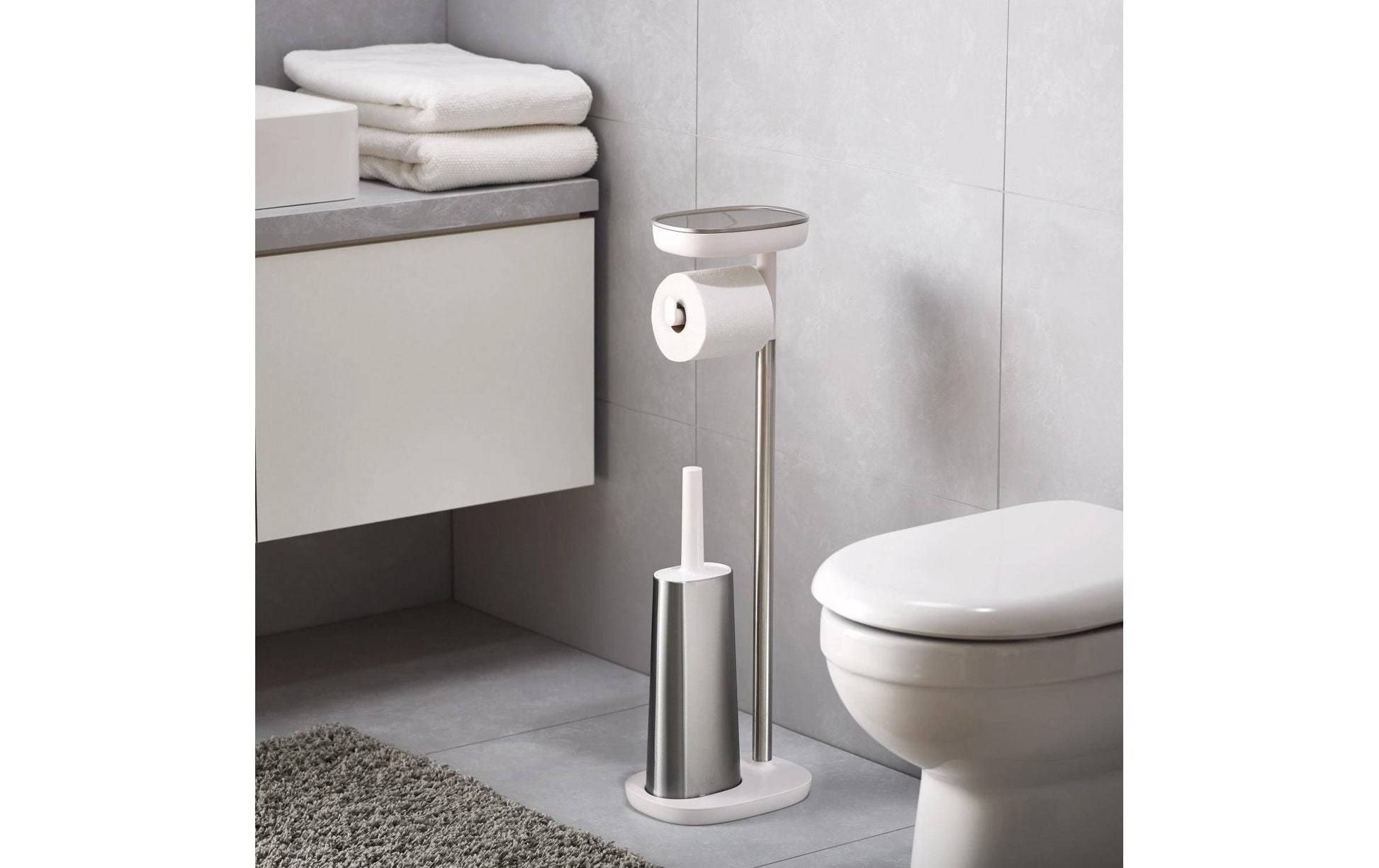 Joseph Joseph – Toilettenpapierständer – Edelstahl, Weiss, mit Bürste, 17,5 × 23,5 × 76 cm