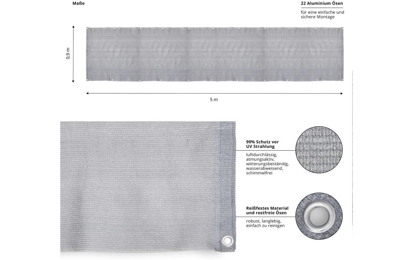 Lumaland Balkonsichtschutz 5000 × 900 mm – Hellgrau
