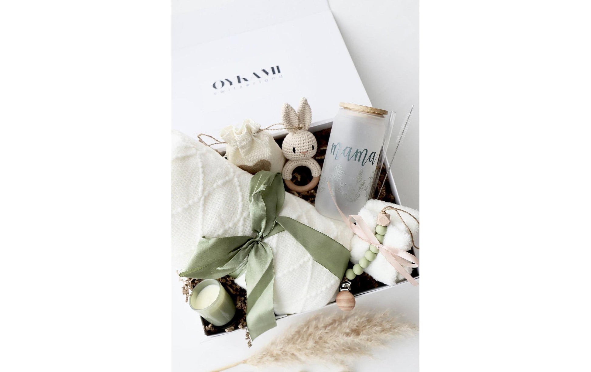 Oykami Geschenkbox Mama & Baby – Buche, Textil – Grün, Weiss