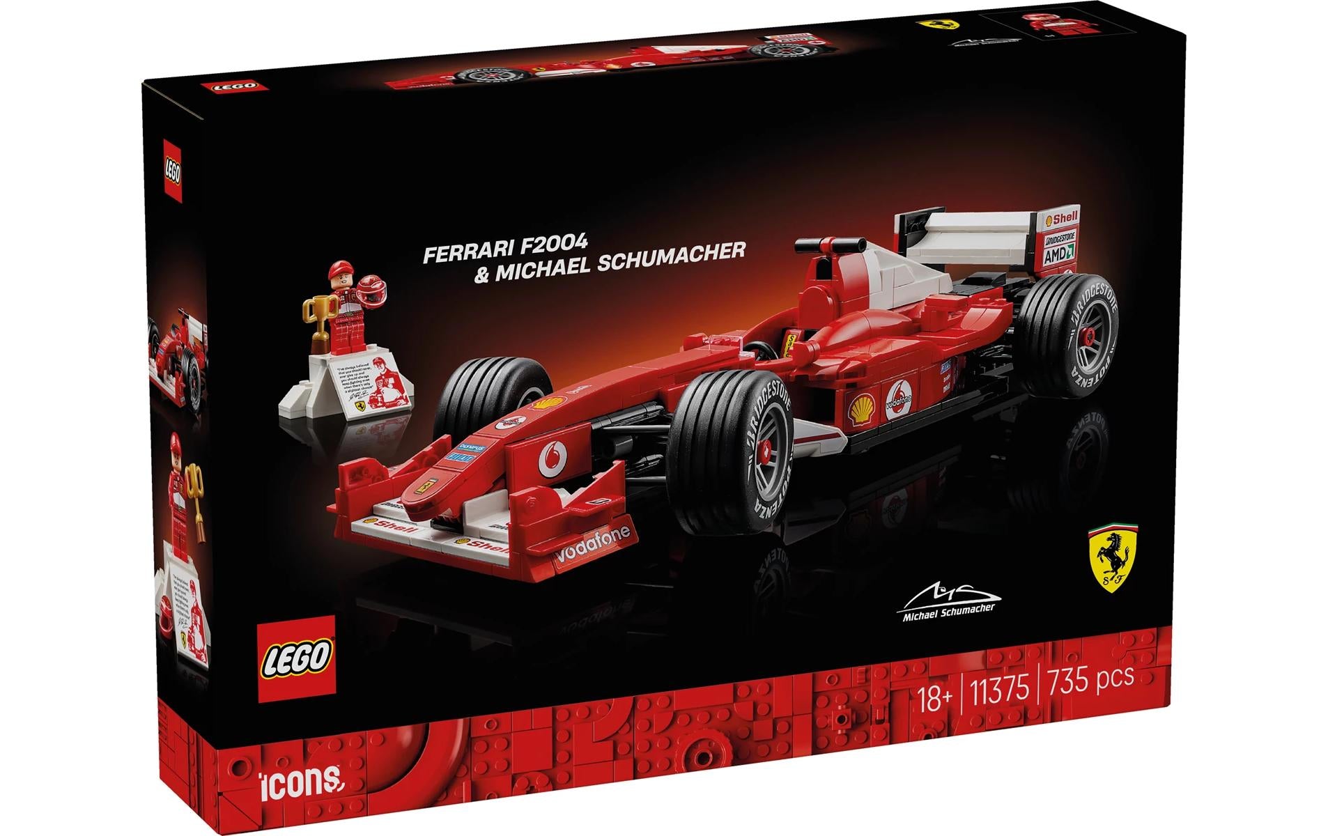 LEGO Icons 3D-Puzzle Ferrari F2004 und Michael Schumacher – 735 Teile – 26,2×7,1×38,2 cm – ab 18 J.