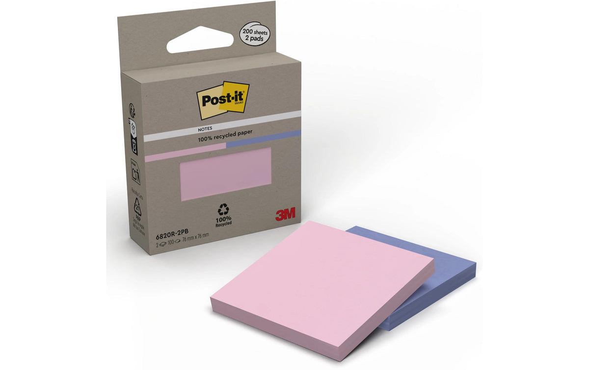 3M Post-it Haftnotizen – 76 × 76 mm – sortiert, 100 Blatt/Block, 2er-Pack, 100% Recycling