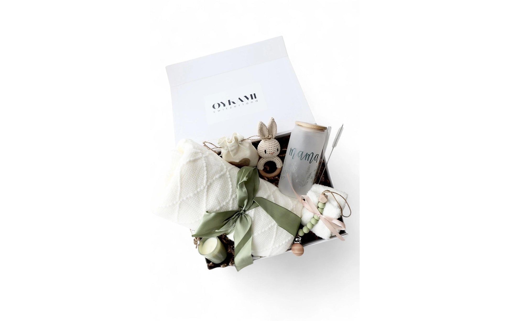 Oykami Geschenkbox Mama & Baby – Buche, Textil – Grün, Weiss