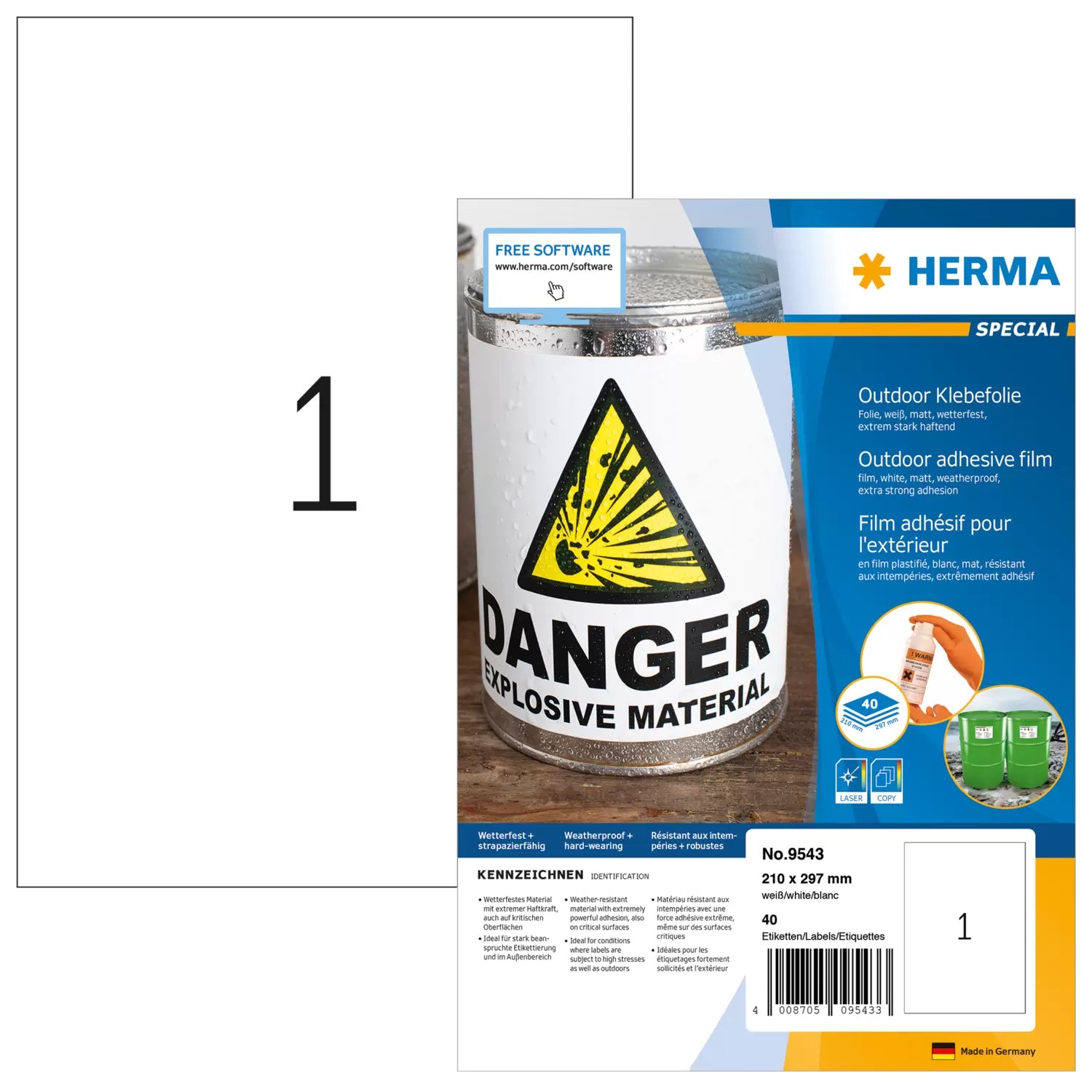 HERMA Etiketten, 210 mm × 297 mm, weiss, Folie, extra stark, 40 Blatt