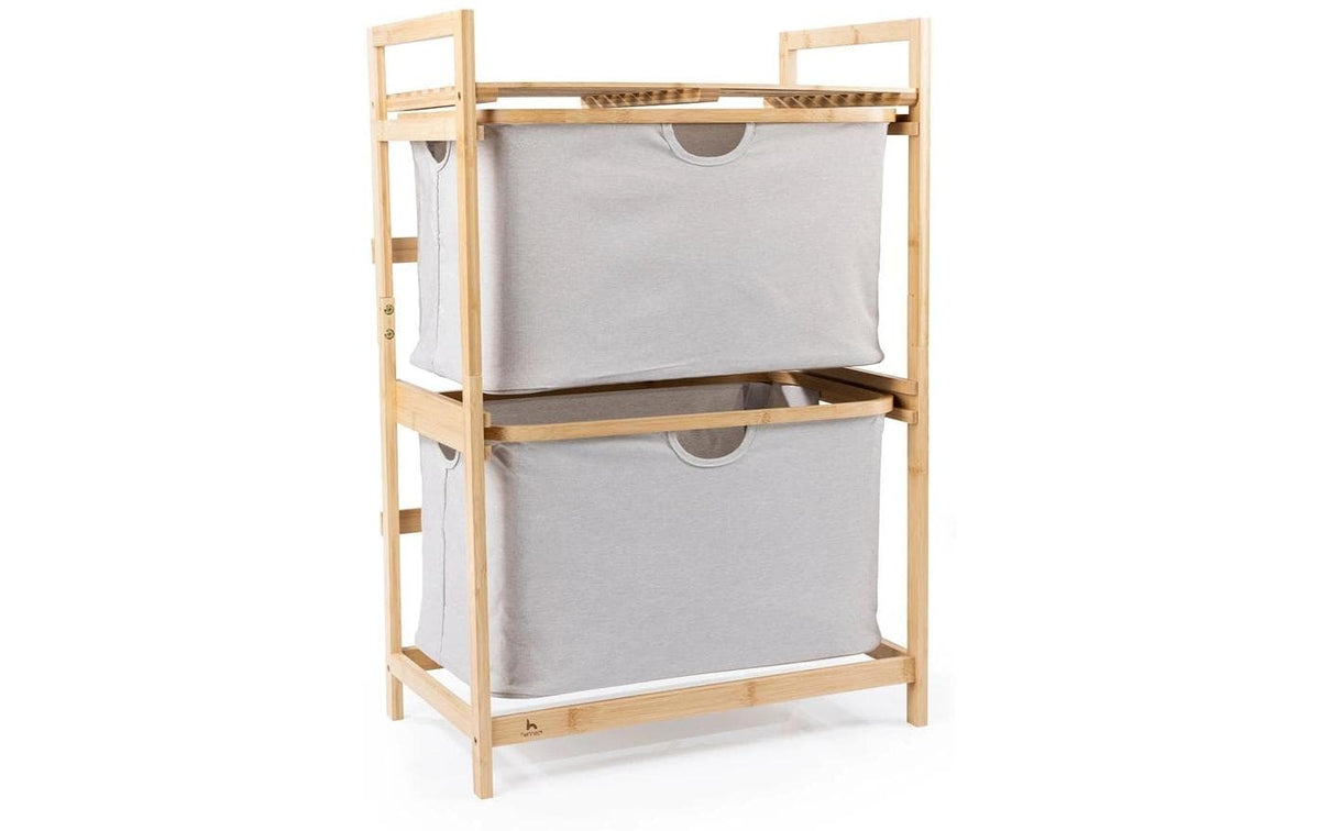 Hennez Regal – 2 Böden – 35 × 57,5 × 84,5 cm – 4 kg/Boden – braun/grau – Bambus/Polyester