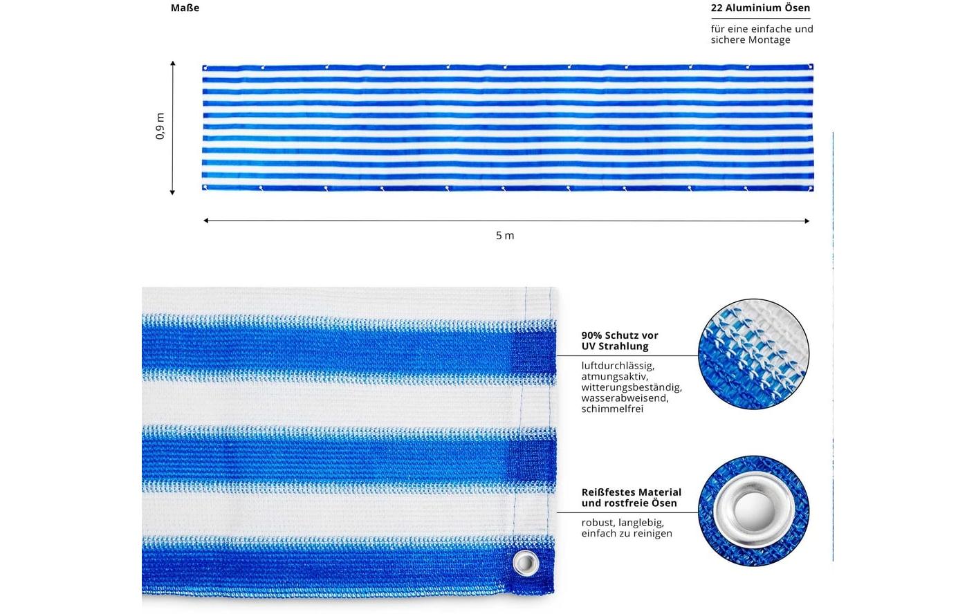 Lumaland Balkonsichtschutz 5000 × 900 mm – Blau – mit Ösen, Befestigungsmaterial