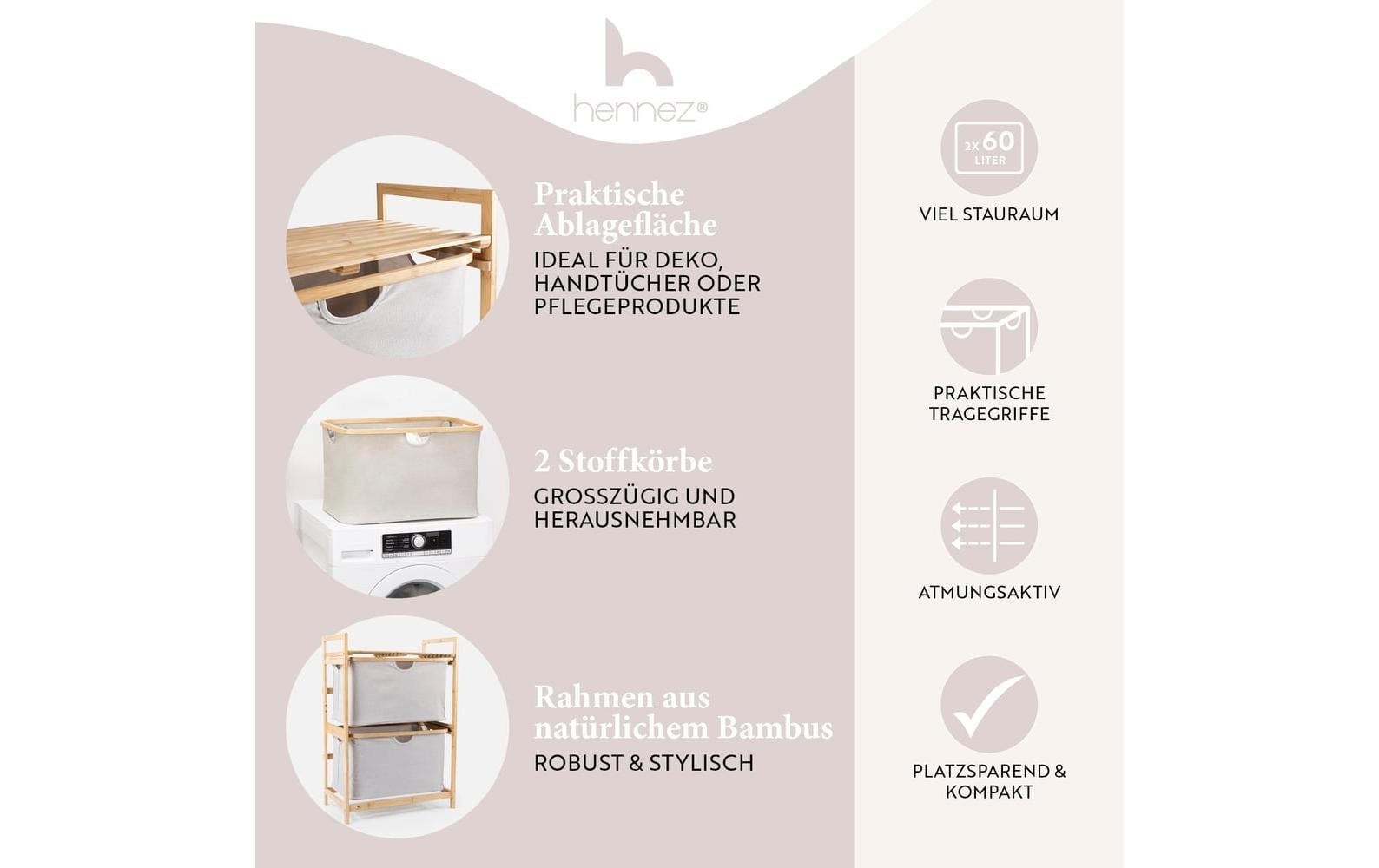 Hennez Regal – 2 Böden – 35 × 57,5 × 84,5 cm – 4 kg/Boden – braun/grau – Bambus/Polyester