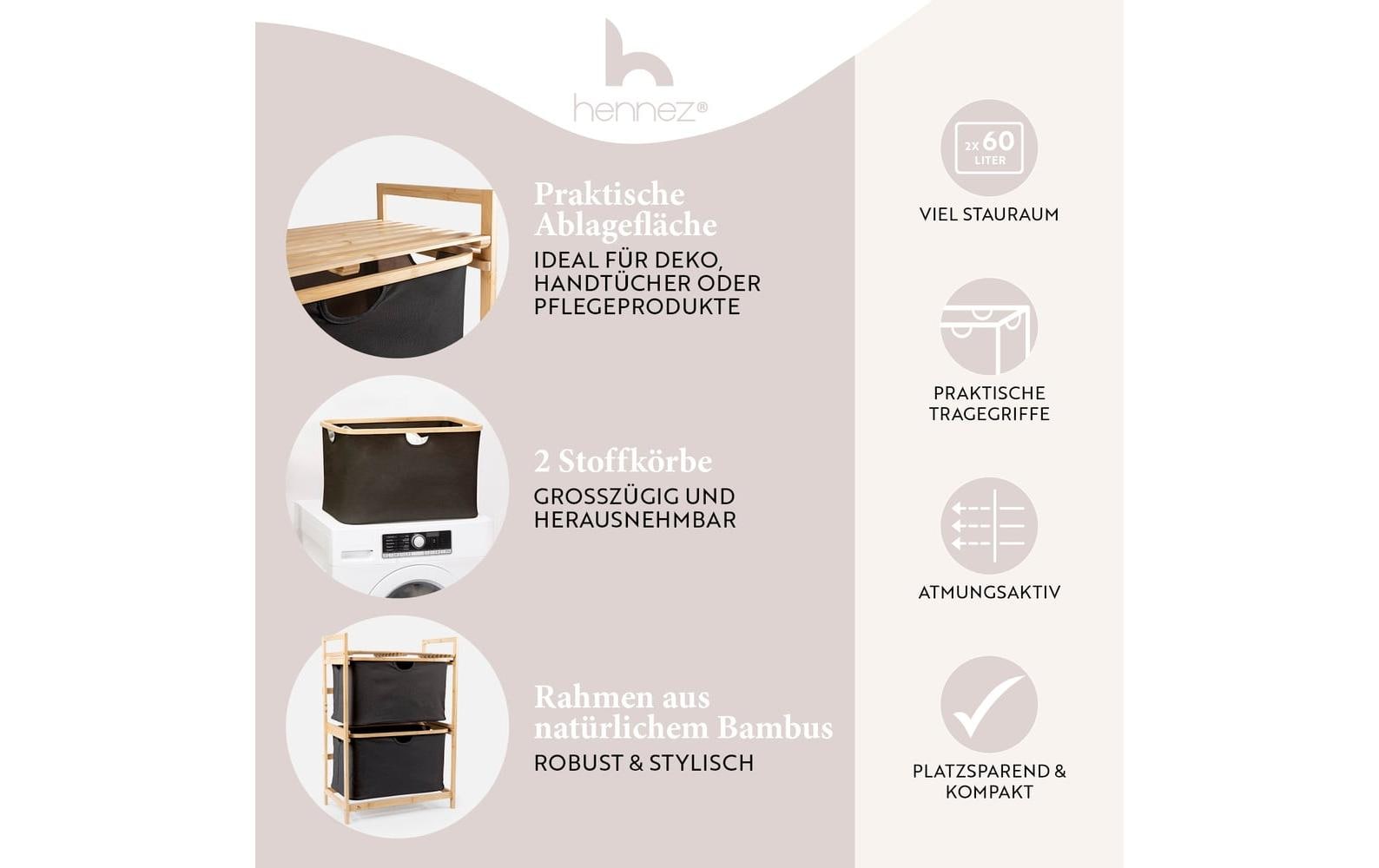Hennez Regal mit 2 Tablare – Bambus/Polyester – Braun – 4 kg pro Tablar – 350 × 845 × 575 mm