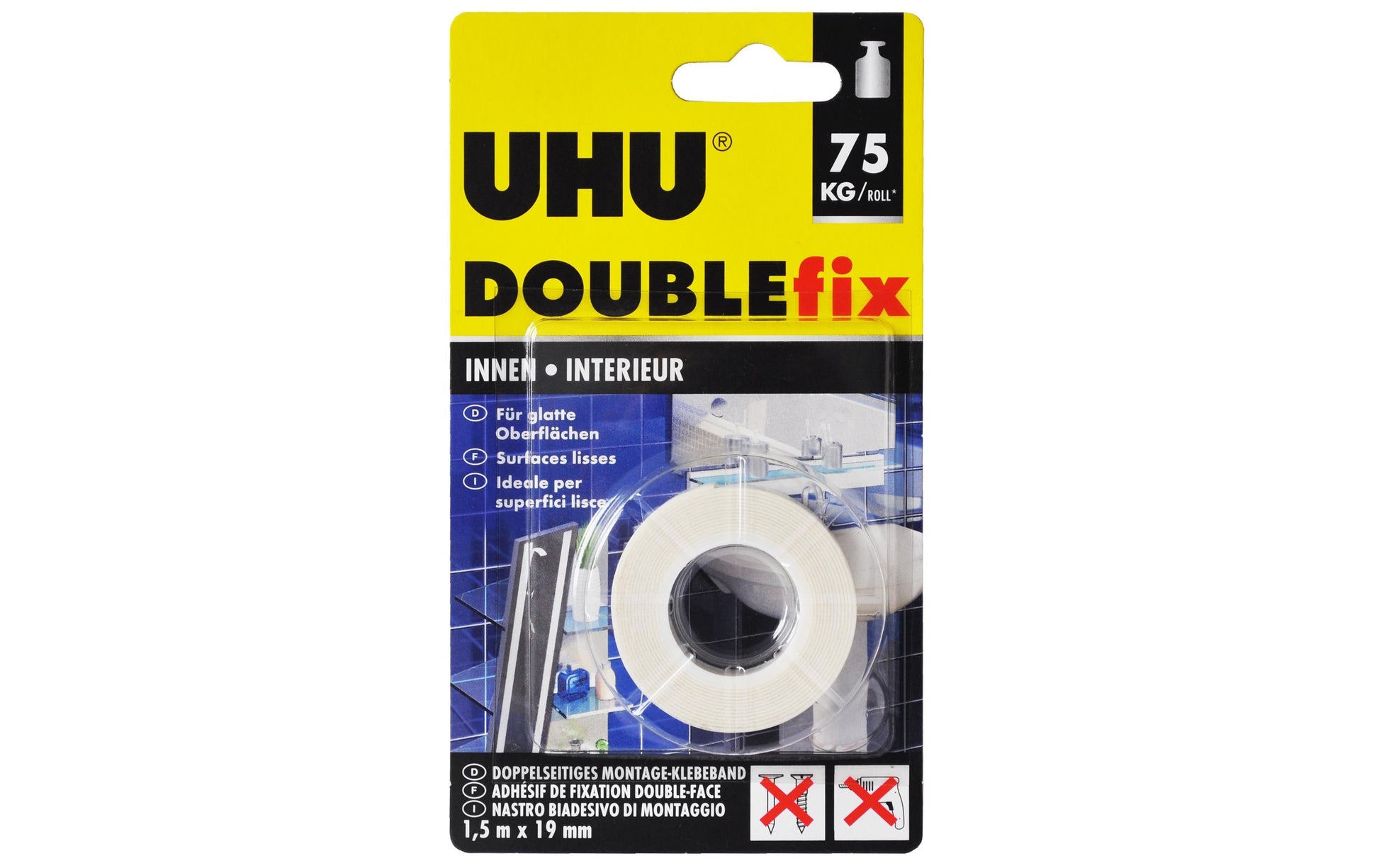 UHU Montageband extra stark – 19 mm × 1,5 m, weiss, für diverse Oberflächen, feuchtigkeitsbeständig