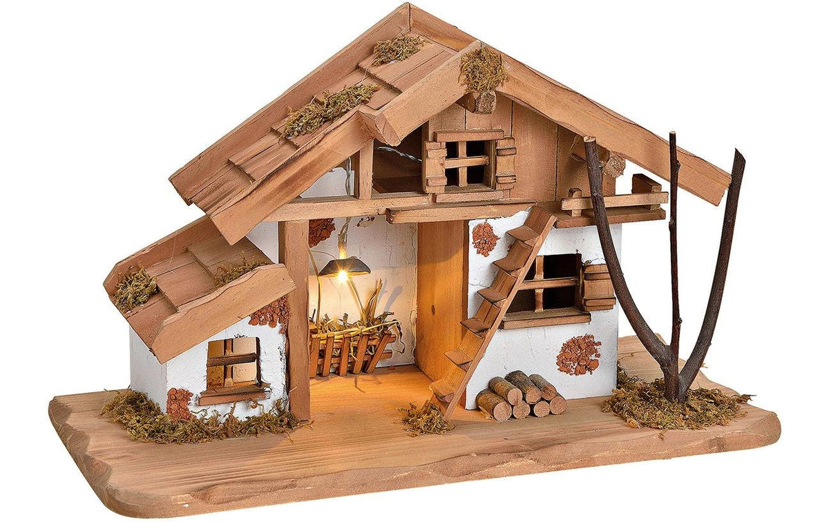 G. Wurm Krippe mit LED – 39 × 23 × 19 cm – Kiefer & MDF, natur