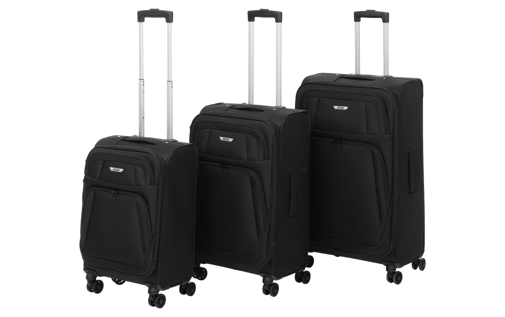 Koor 3-teiliges Weichschalen-Kofferset, 38/62/115 l, 4 Rollen, TSA-Schloss, Schwarz