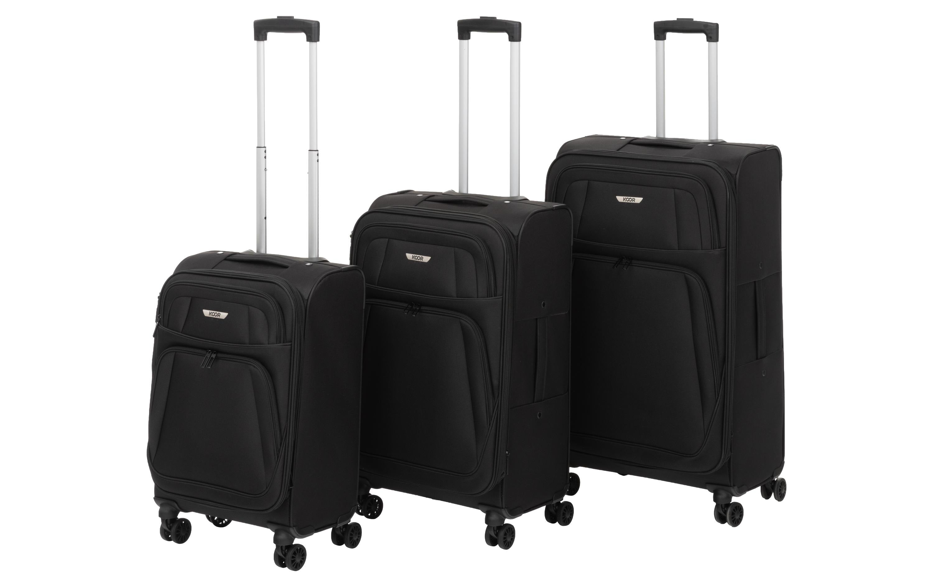 Koor 3-teiliges Weichschalen-Kofferset, 38/62/115 l, 4 Rollen, TSA-Schloss, Schwarz