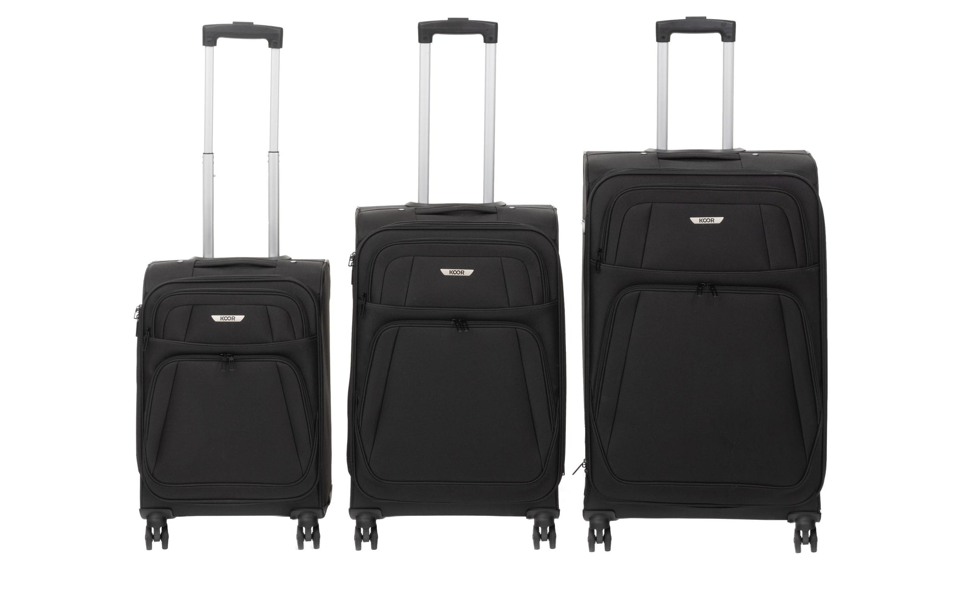 Koor 3-teiliges Weichschalen-Kofferset, 38/62/115 l, 4 Rollen, TSA-Schloss, Schwarz