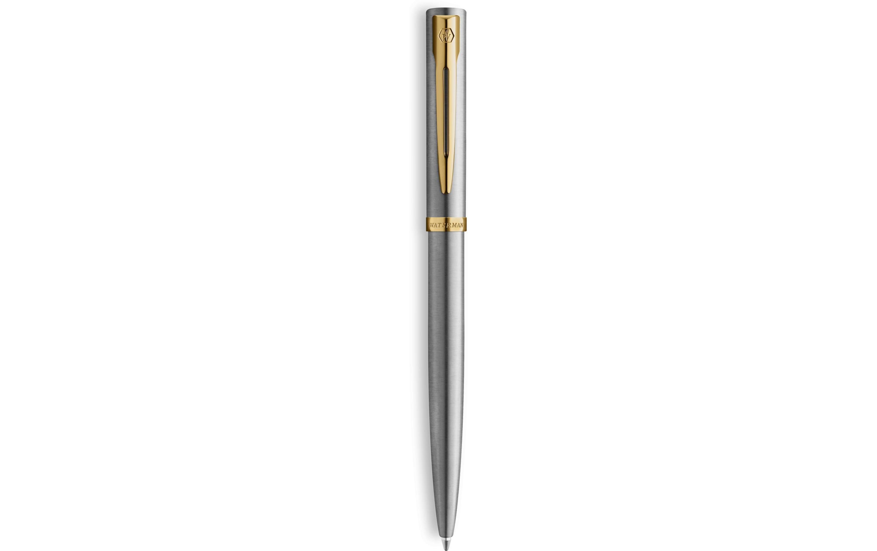Waterman Allure Impression Kugelschreiber – Blau, Medium, Dreh, Edelstahl, goldfarbene Zierteile, Geschenkbox