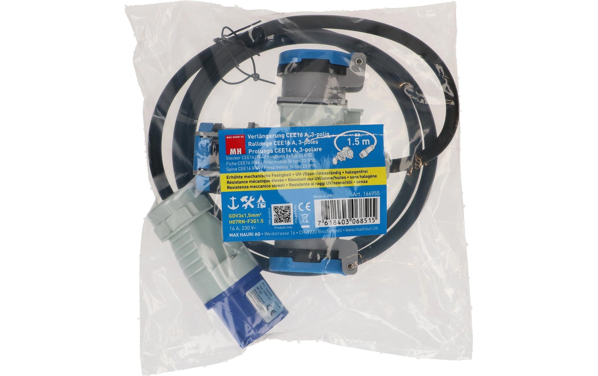 Maxcamp Verlängerungskabel, CEE 16-3–T23, 1,5 m, IP55, 1,5 mm², halogenfrei – blau/schwarz