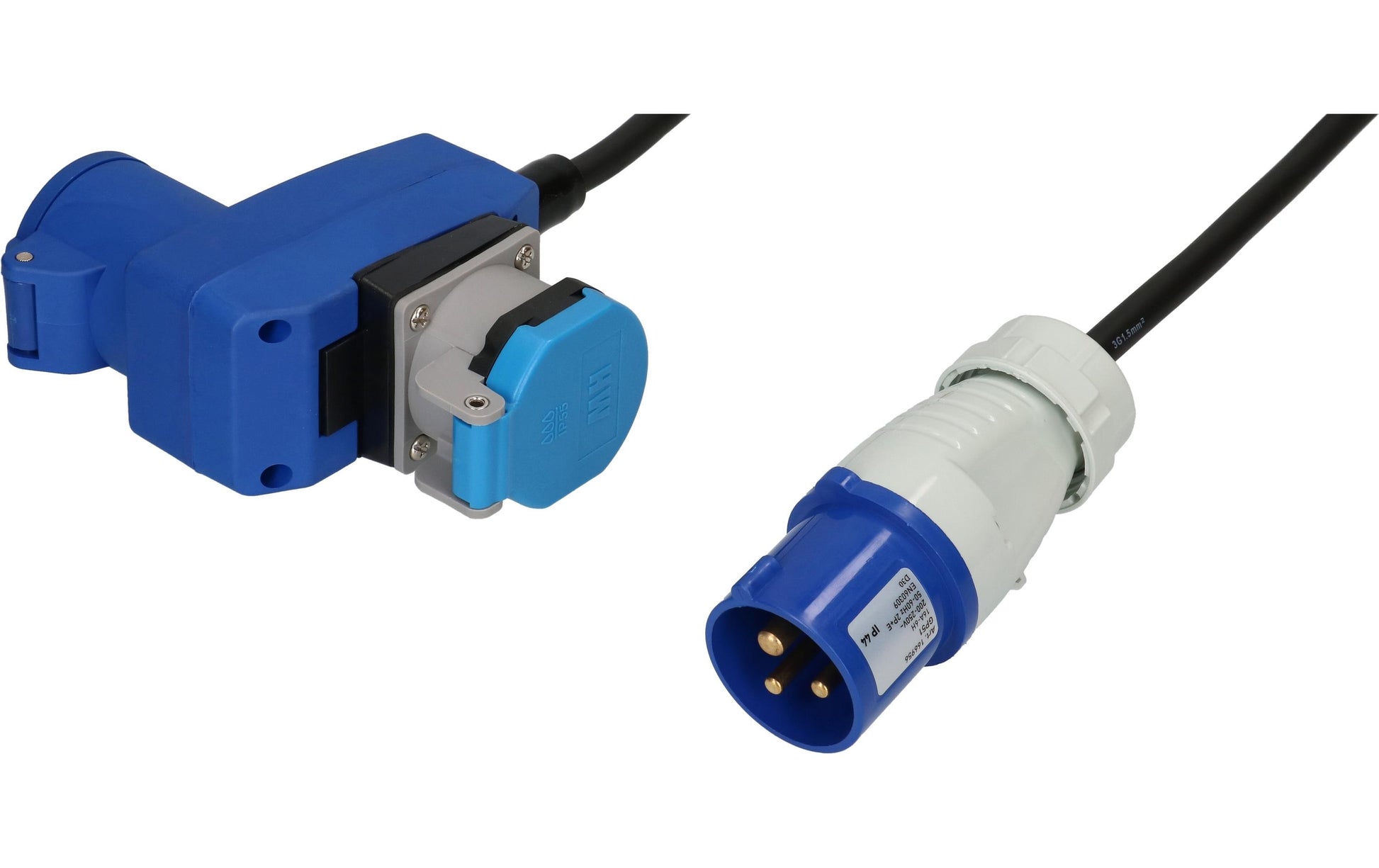 Maxcamp Verlängerungskabel, T23–2×CEE 16‑3, 1,5 m, IP55, 1,5 mm², Winkelstecker – Blau/Schwarz
