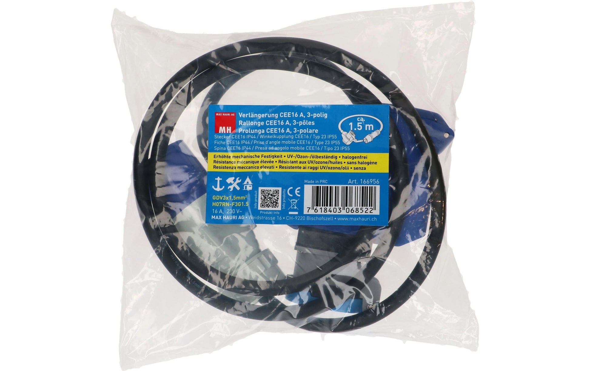 Maxcamp Verlängerungskabel, T23–2×CEE 16‑3, 1,5 m, IP55, 1,5 mm², Winkelstecker – Blau/Schwarz