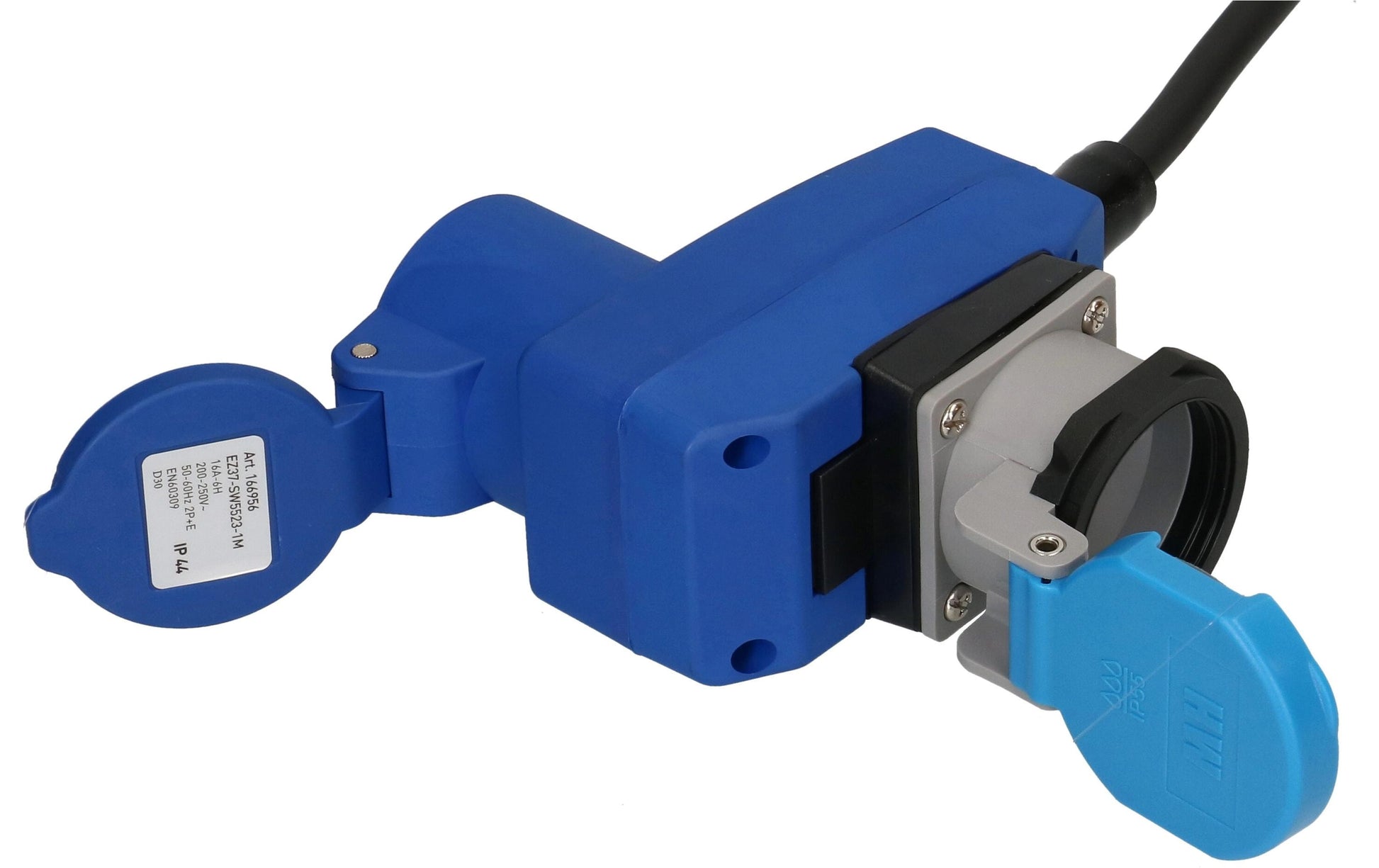 Maxcamp Verlängerungskabel, T23–2×CEE 16‑3, 1,5 m, IP55, 1,5 mm², Winkelstecker – Blau/Schwarz