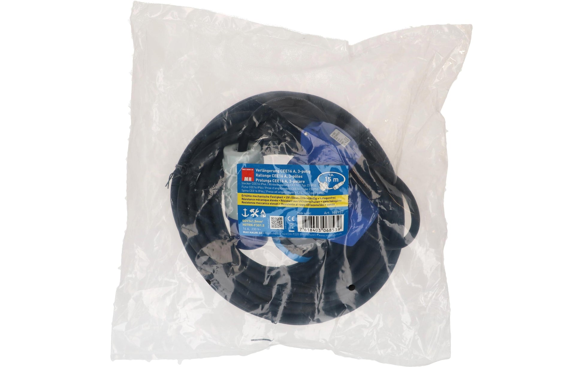 Maxcamp Verlängerungskabel, CEE 16-3–(CEE 16-3 + T23), 15 m, IP55, 1,5 mm² – Blau/Schwarz