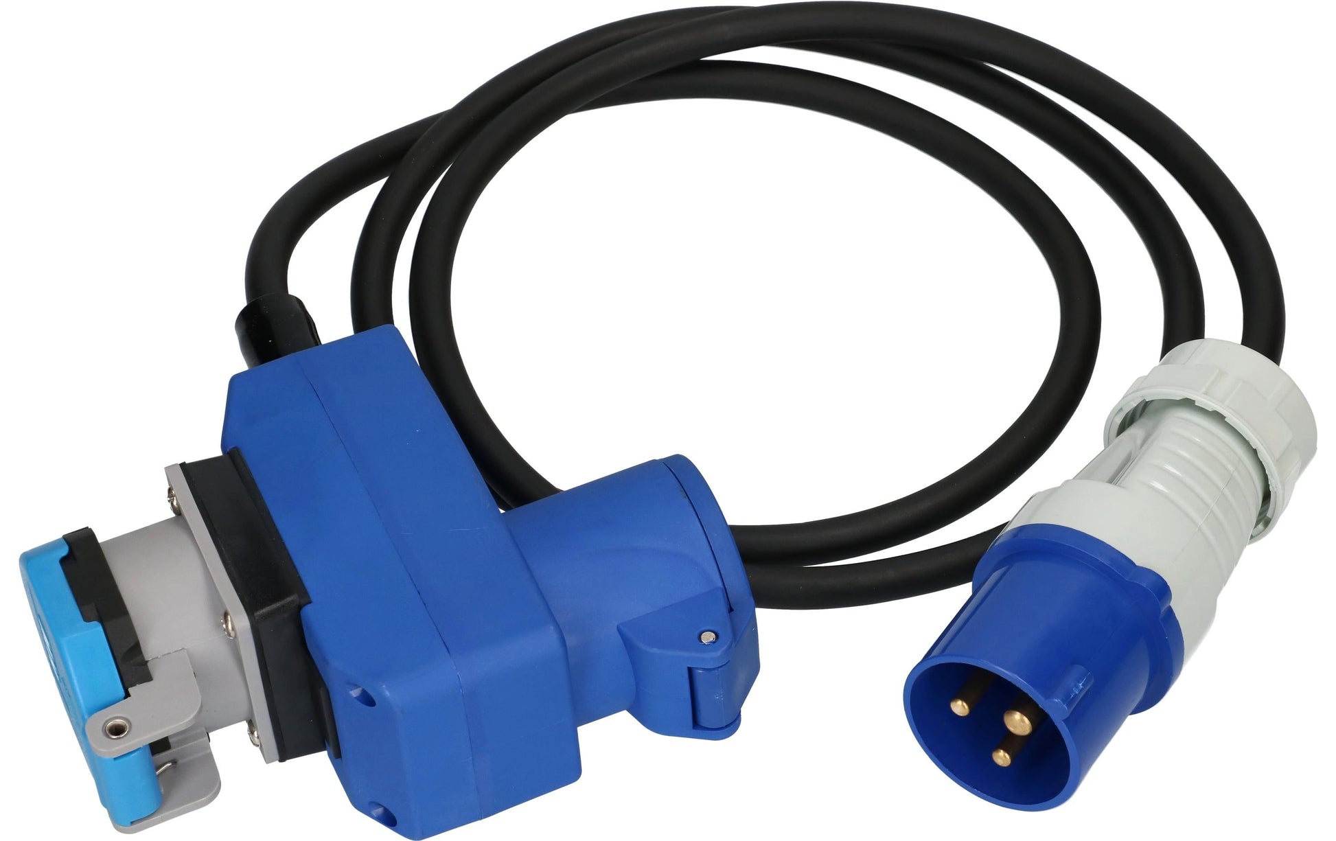 Maxcamp Verlängerungskabel, T23–2×CEE 16‑3, 1,5 m, IP55, 1,5 mm², Winkelstecker – Blau/Schwarz