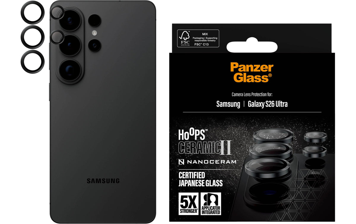 Panzerglass Ceramic Hoops – Spezial-Zubehör – Kameraschutz für Galaxy S26 Ultra, Schwarz matt/Transparent