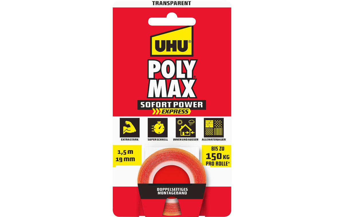 UHU Montageband extra stark – 1,5 m, transparent, für diverse Oberflächen