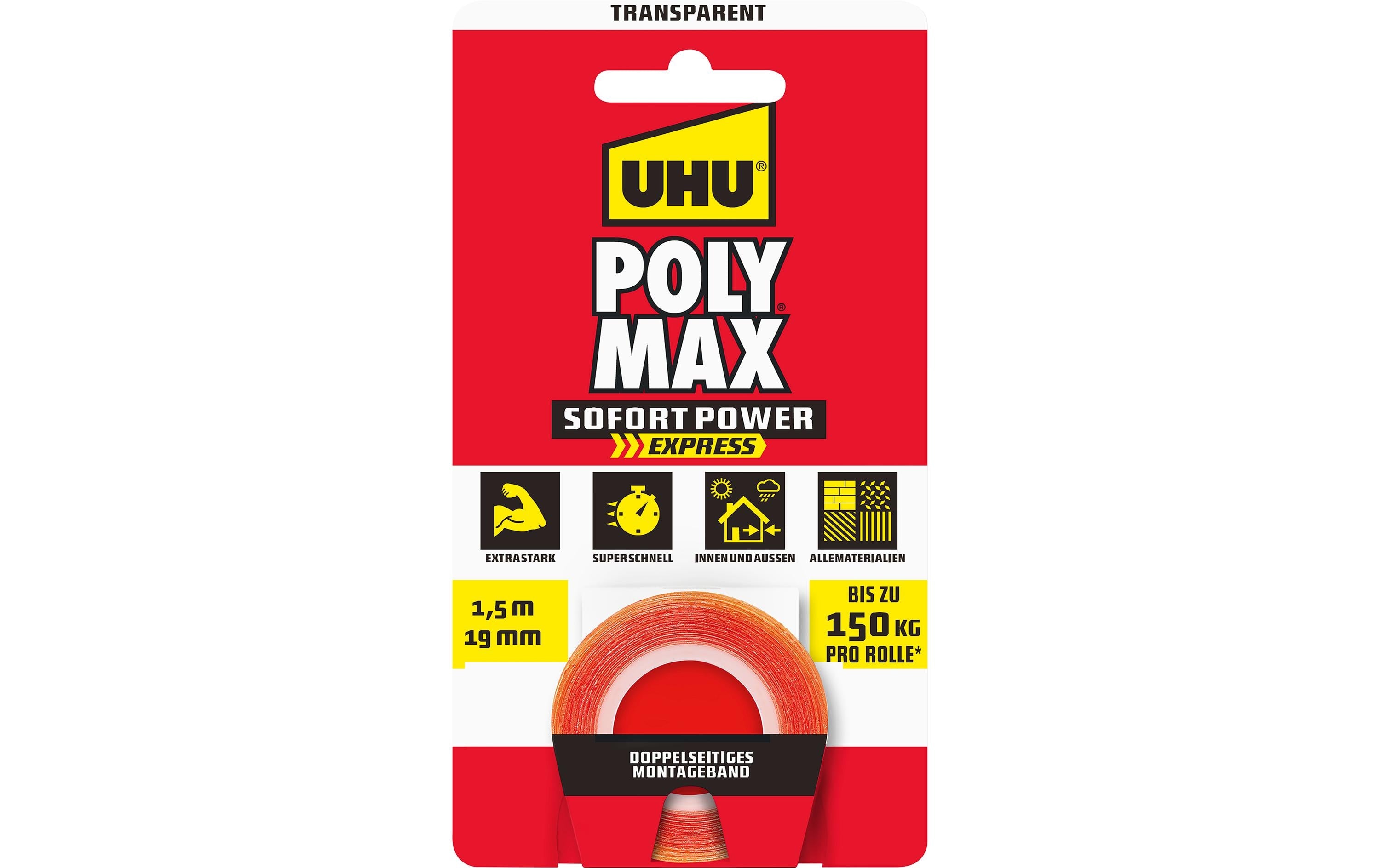 UHU Montageband extra stark – 1,5 m, transparent, für diverse Oberflächen