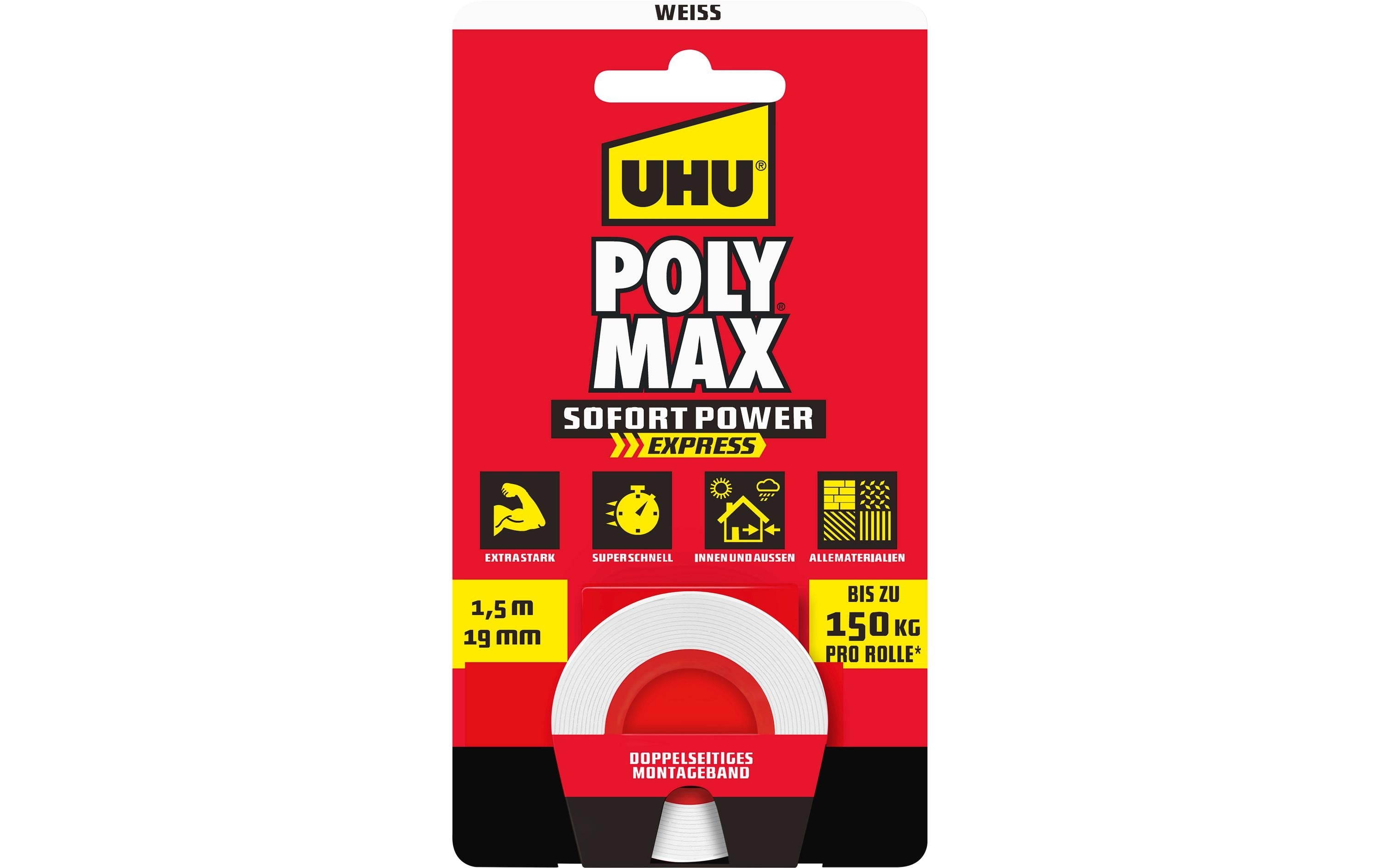 UHU Poly Max Montageband extra stark – 1,5 m, weiss, für diverse Oberflächen
