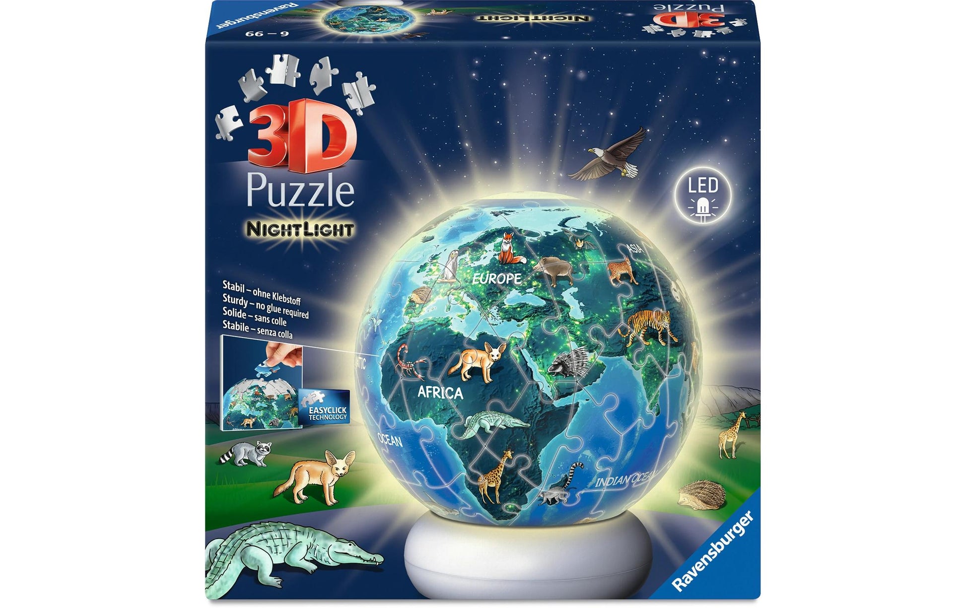 Ravensburger 3D Puzzle Erde – 72 Teile – Ø 13 cm – Kunststoff, LED-Nachtlicht – ab 6 Jahren – FSC