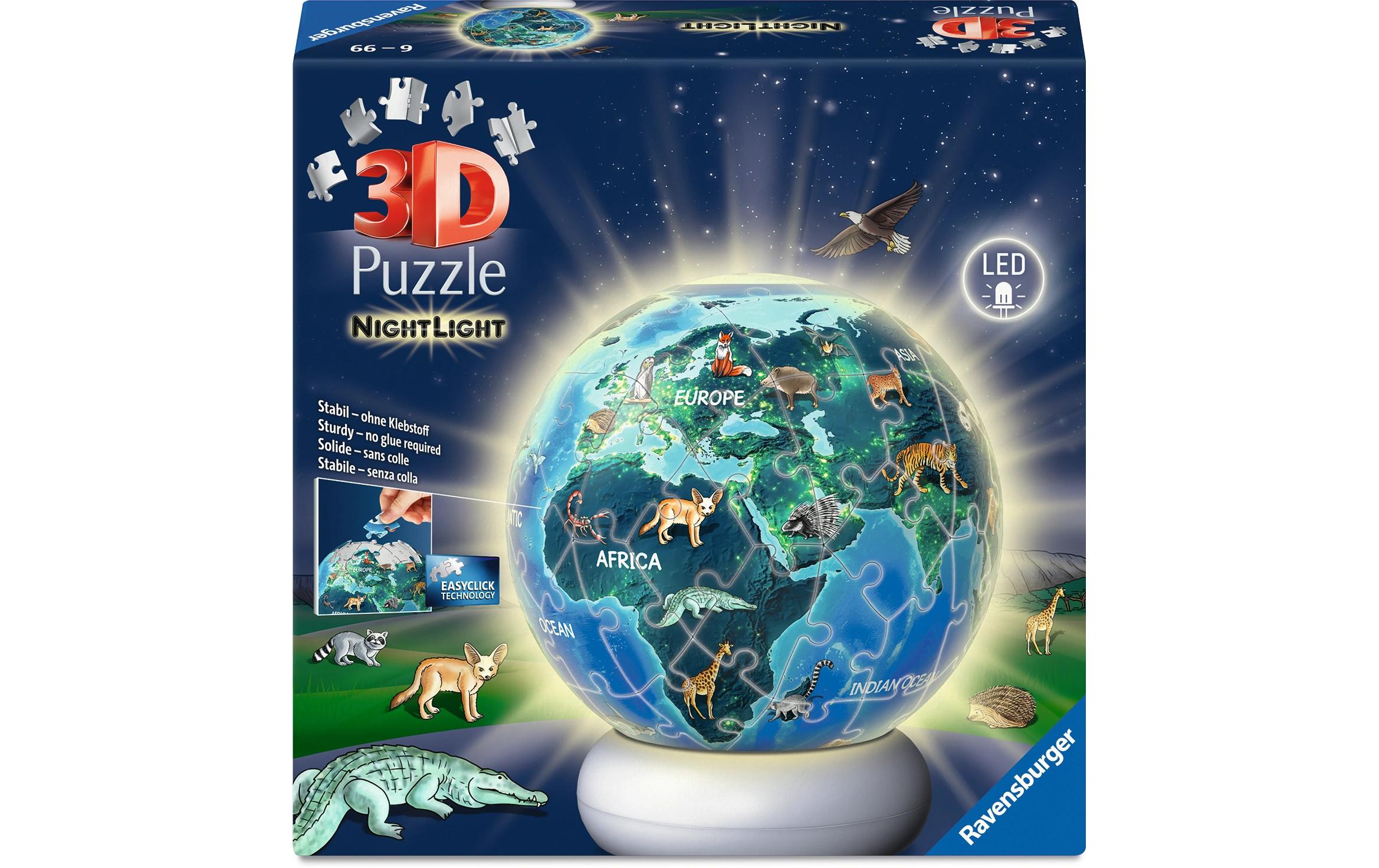 Ravensburger 3D Puzzle Erde – 72 Teile – Ø 13 cm – Kunststoff, LED-Nachtlicht – ab 6 Jahren – FSC