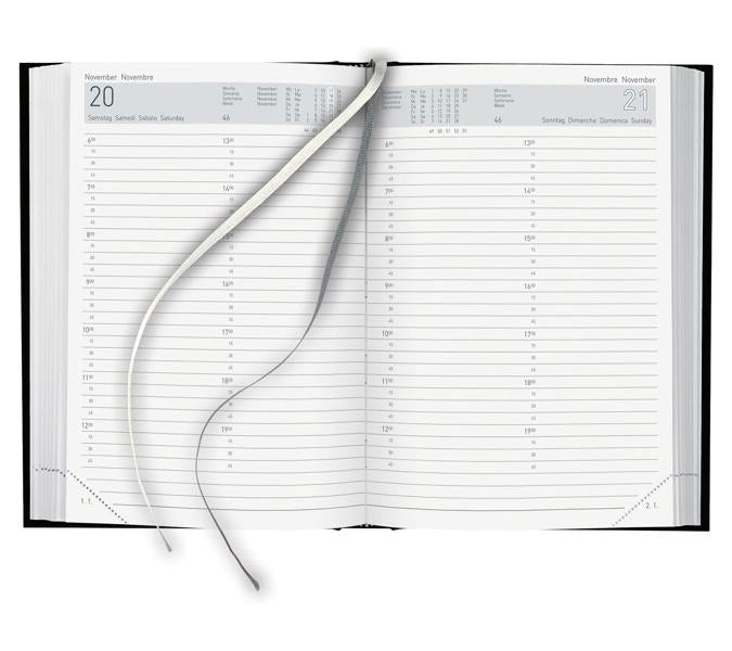 Biella Agenda – 1 Tag pro Seite, gebunden, 14,5 × 20,5 cm, 2026, mehrsprachig, 1/4-Stunden-Takt, schwarz, FSC