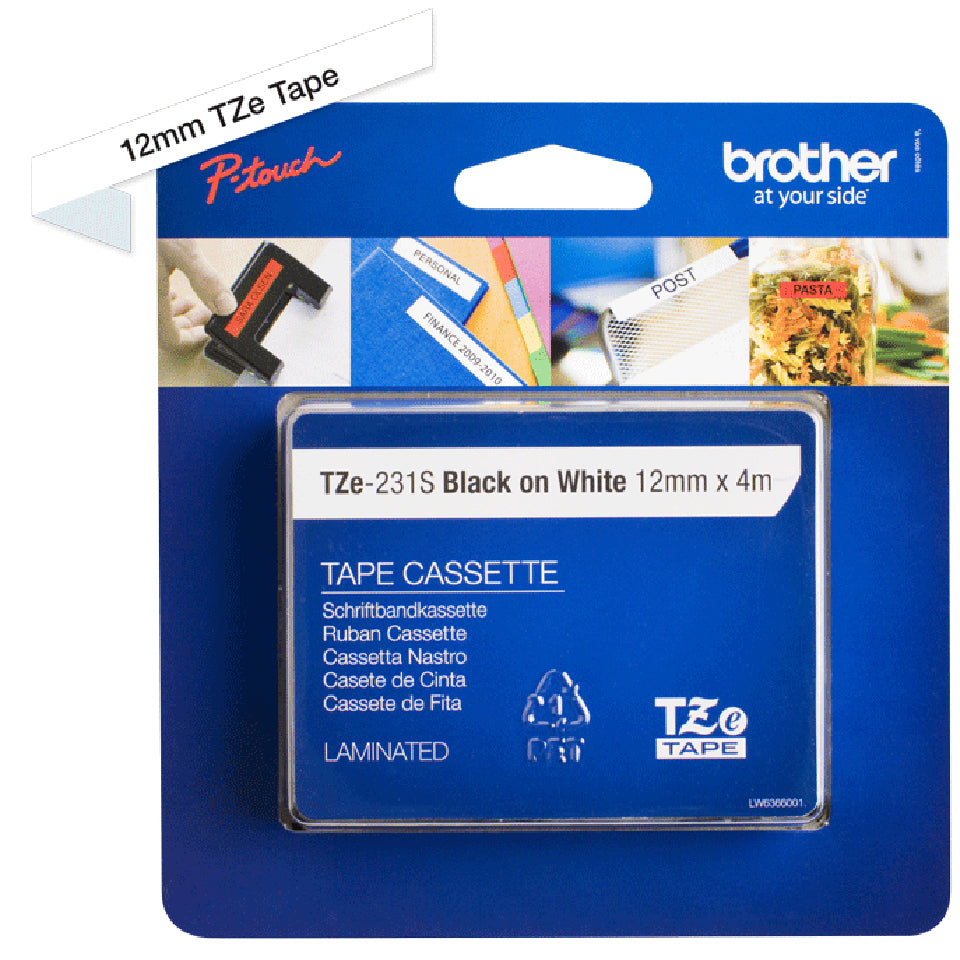 Brother Schriftband – 12 mm × 4 m, weiss, schwarz, TZe – für Brother P-touch – TZE-231S