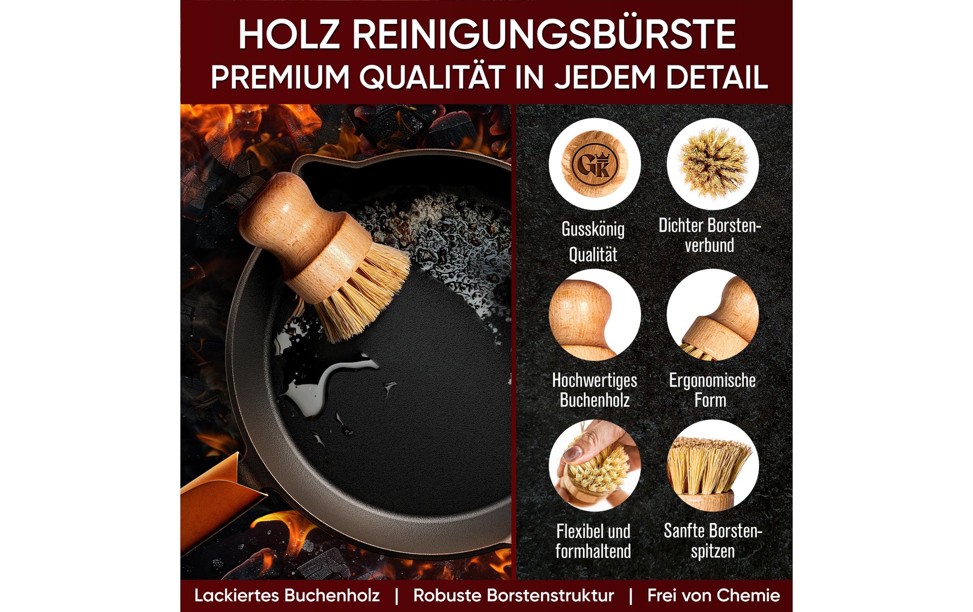 Gusskoenig Abwaschbürste – pflanzliche Faser, Holz, 9 cm, beige