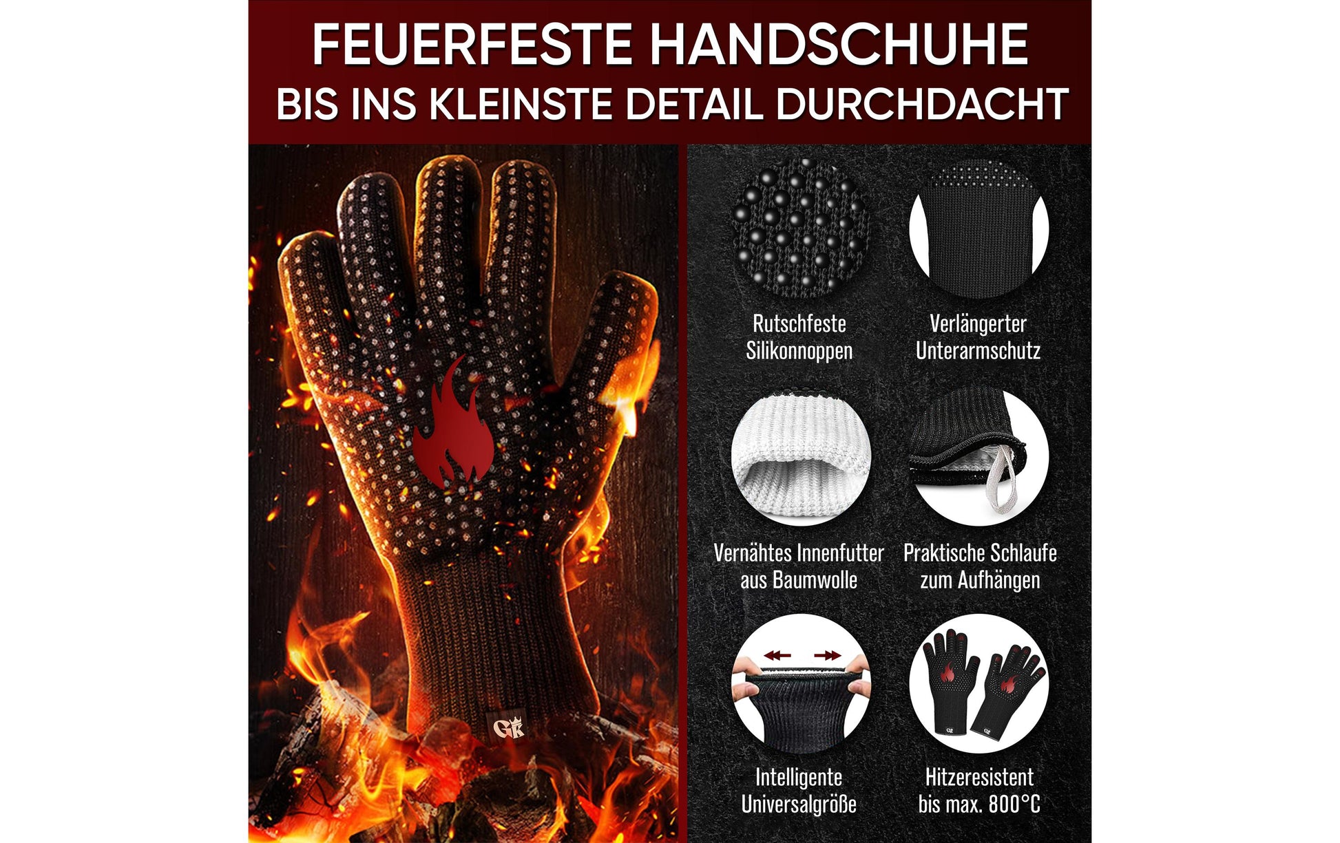 Gusskoenig Grillhandschuhe M, Silikon, Schwarz, hitzebeständig, für Grill, Pfannen und Töpfe